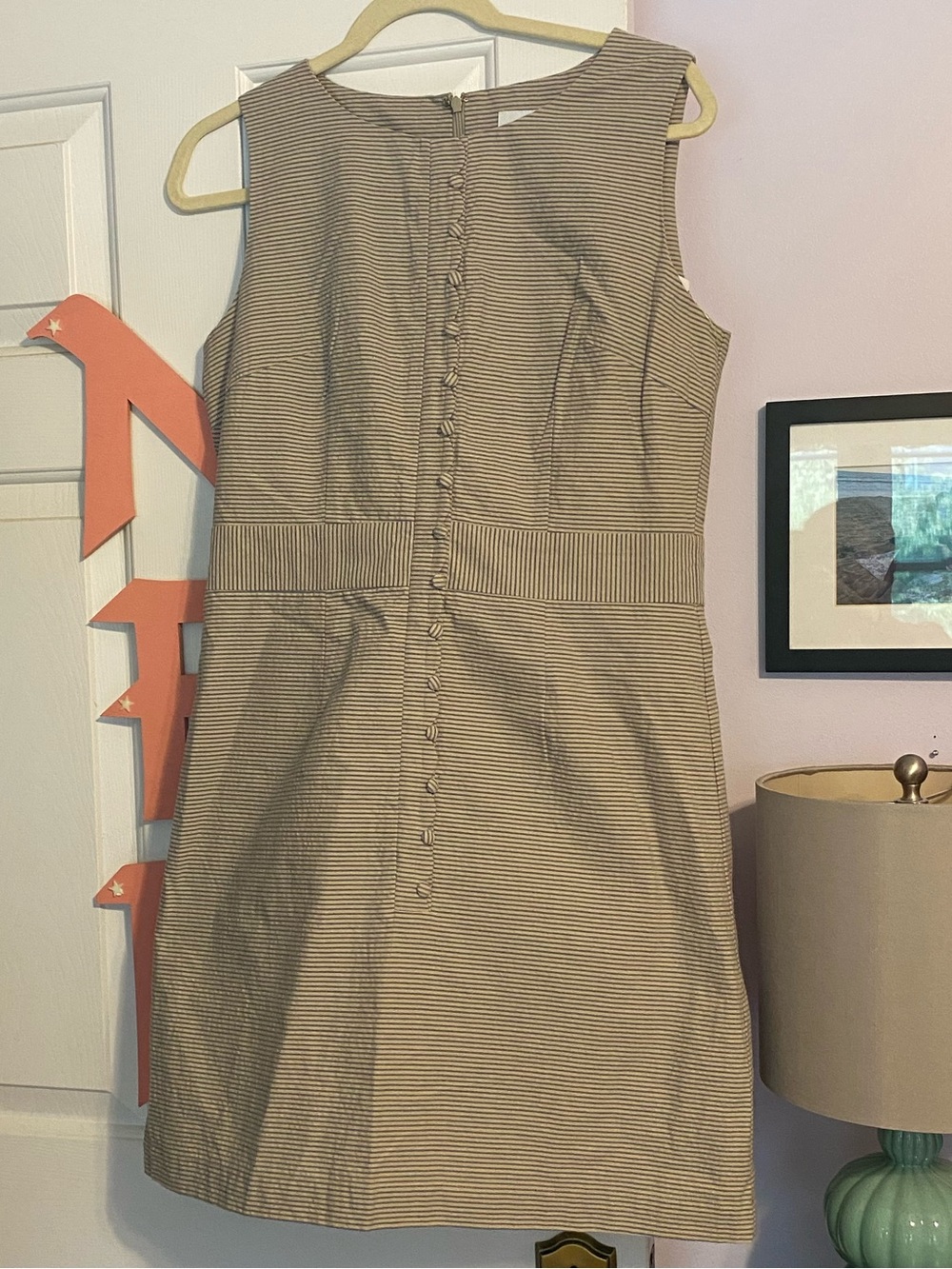 Southern Proper Sleeveless Tan / Beige Blue Striped Shift Dress